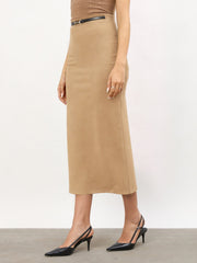 Women Brown Front Metal Trim Back Slit Pencil Skirt