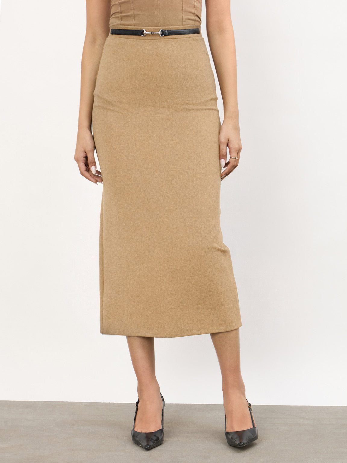Women Brown Front Metal Trim Back Slit Pencil Skirt