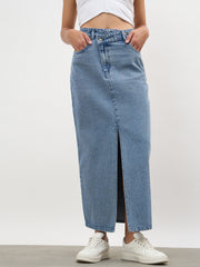 Women Blue Blast Asymmetrical Waist Front Slit Maxi Skirt