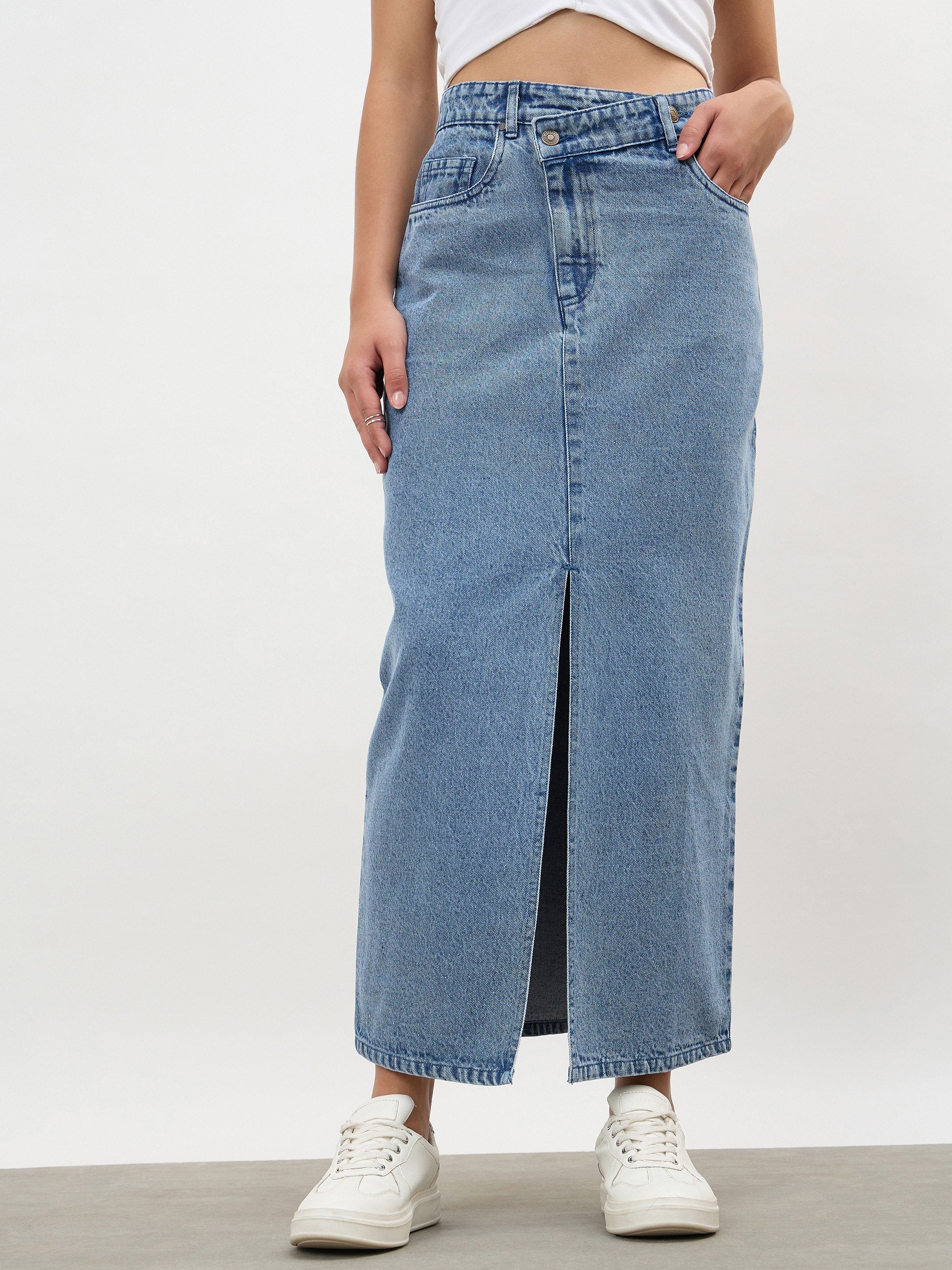 Women Blue Blast Asymmetrical Waist Front Slit Maxi Skirt