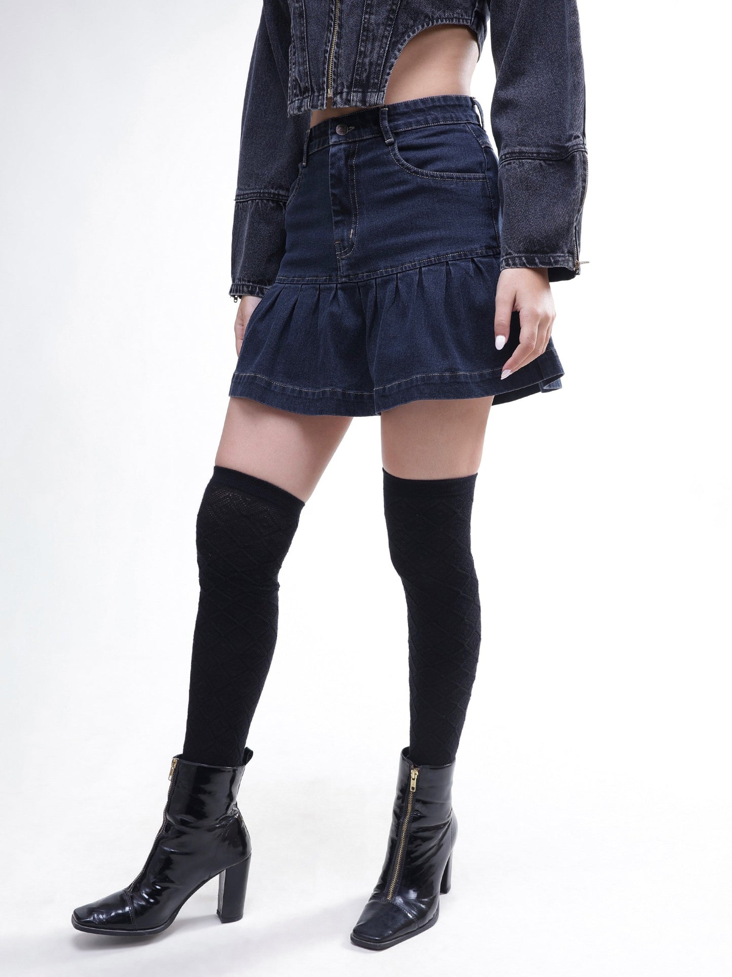 Black Wash Denim Pleated Mini Skirt-SASSAFRAS