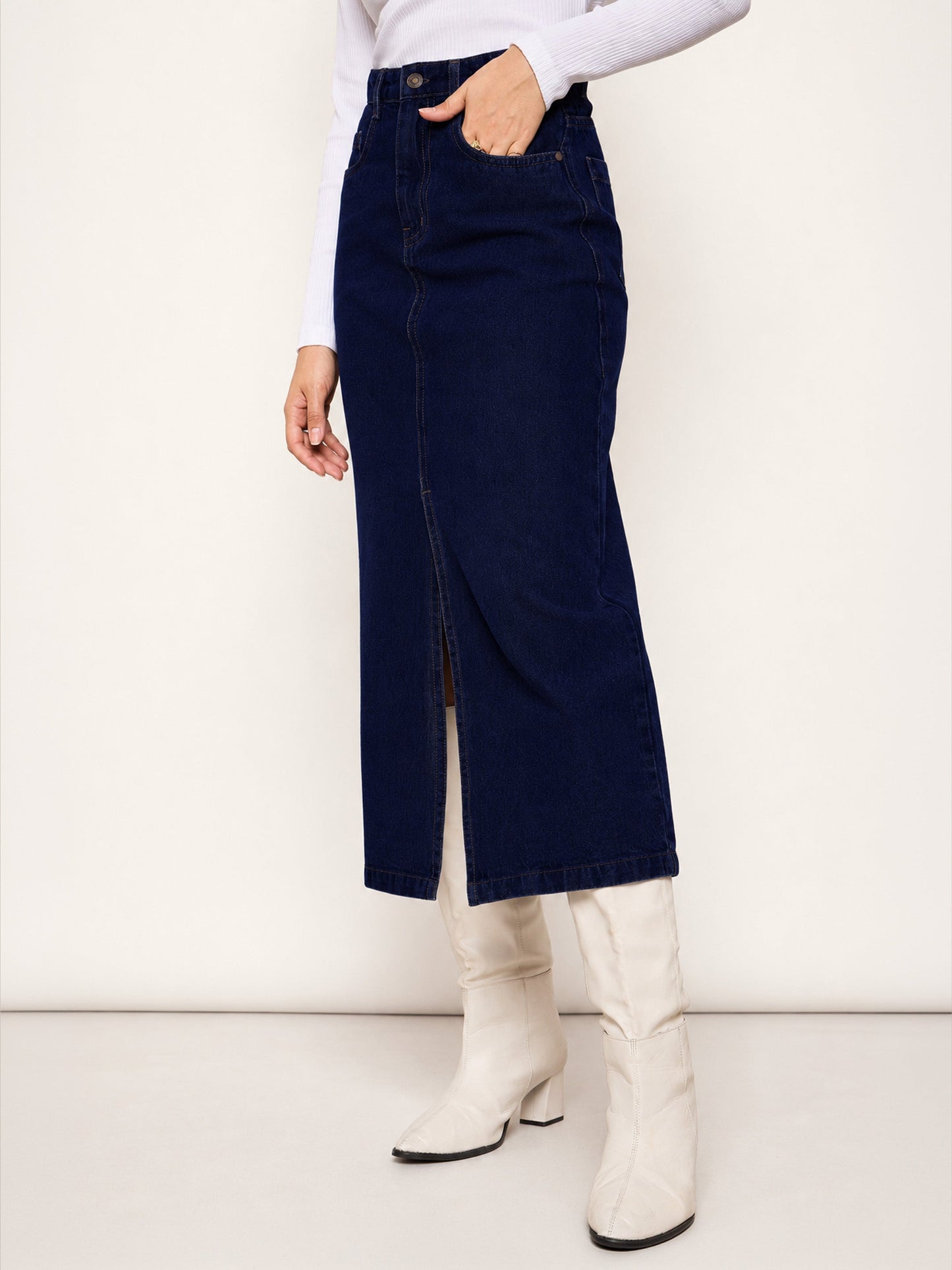 Navy Blue Denim Front Slit Midi Skirt-SASSAFRAS BASICS