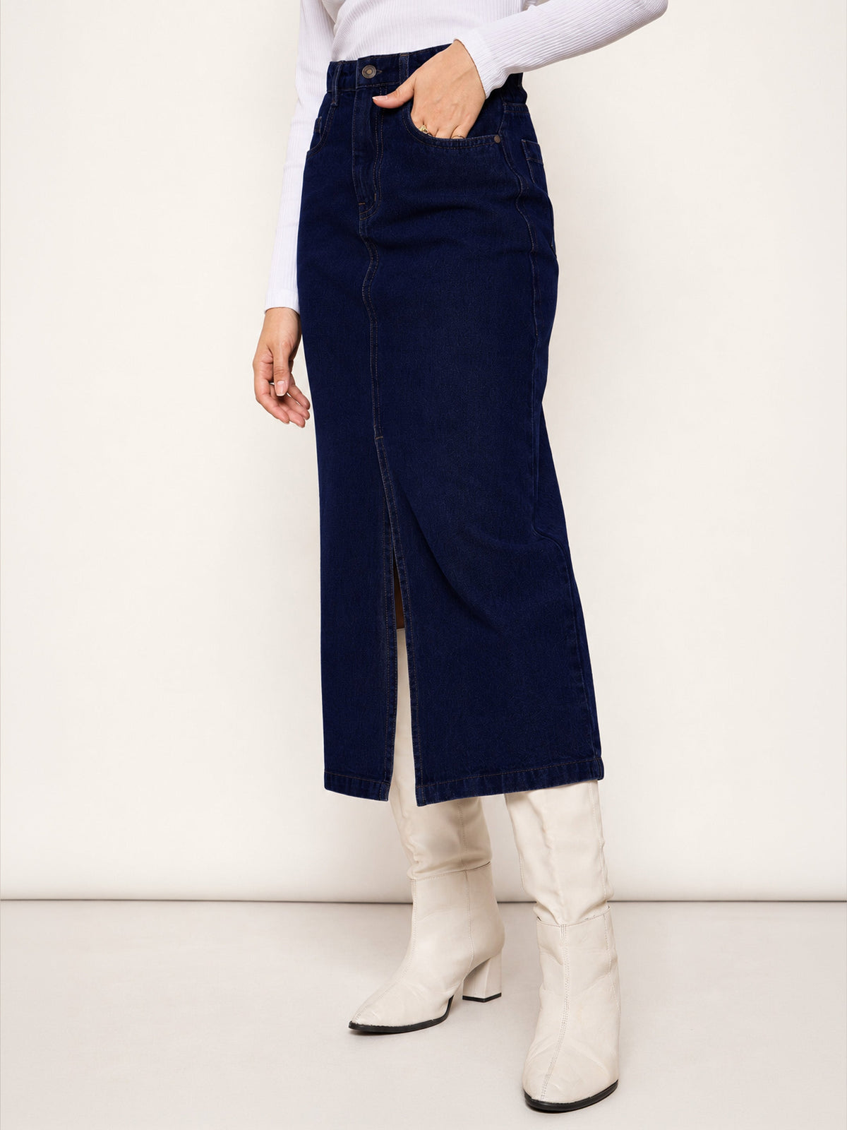 Navy Blue Denim Front Slit Midi Skirt-SASSAFRAS BASICS