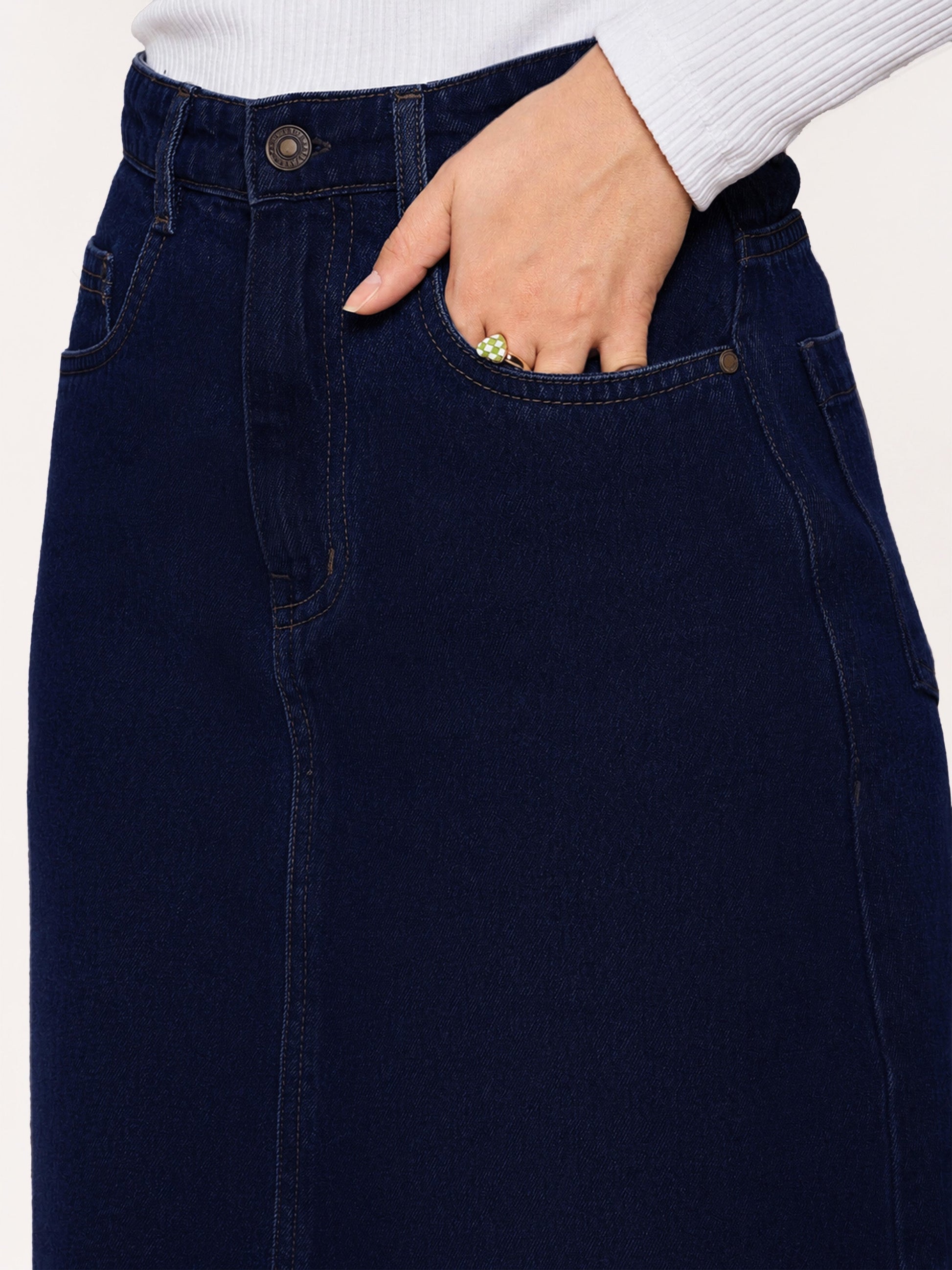 Navy Blue Denim Front Slit Midi Skirt-SASSAFRAS BASICS