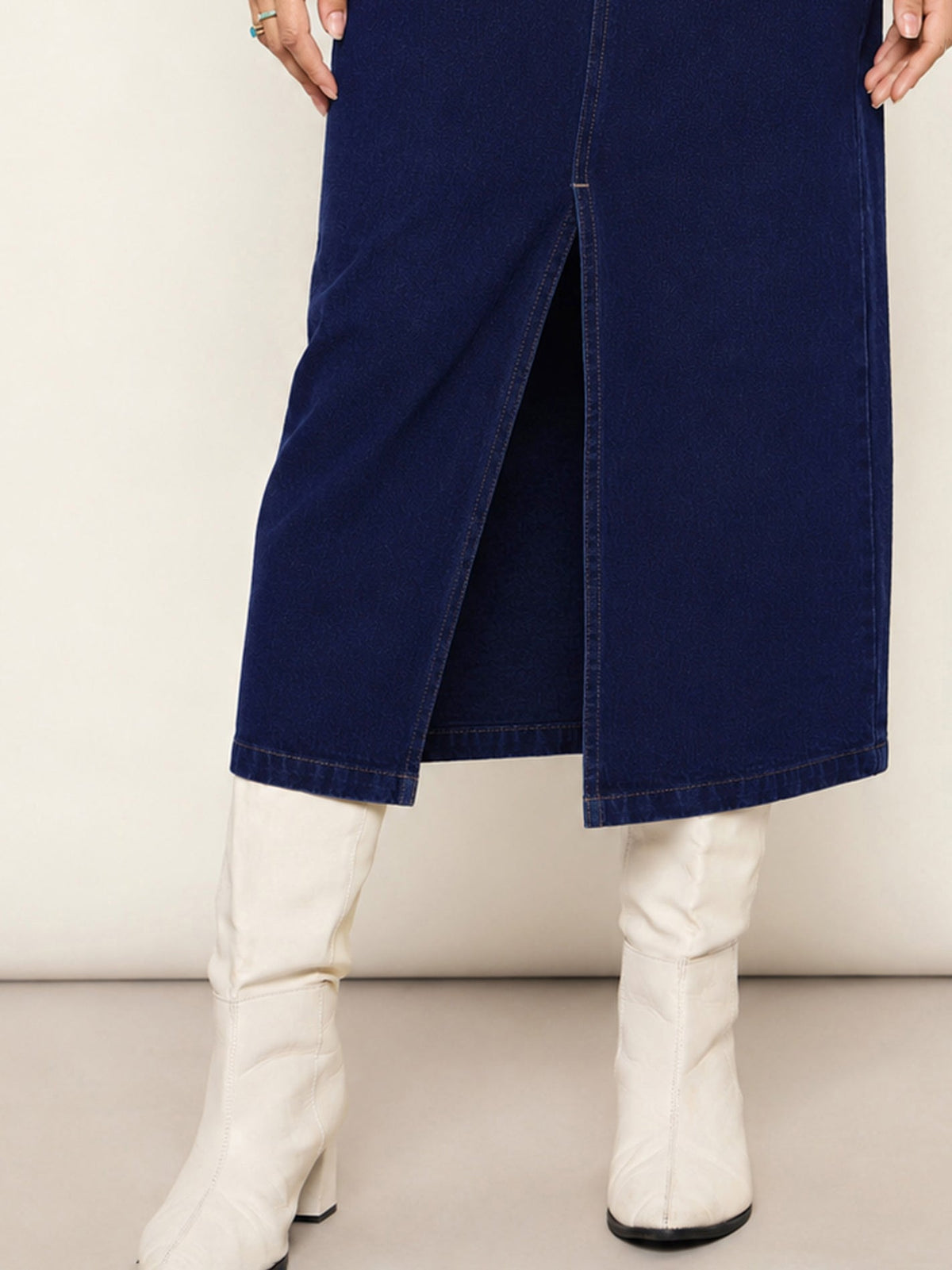 Navy Blue Denim Front Slit Midi Skirt-SASSAFRAS BASICS