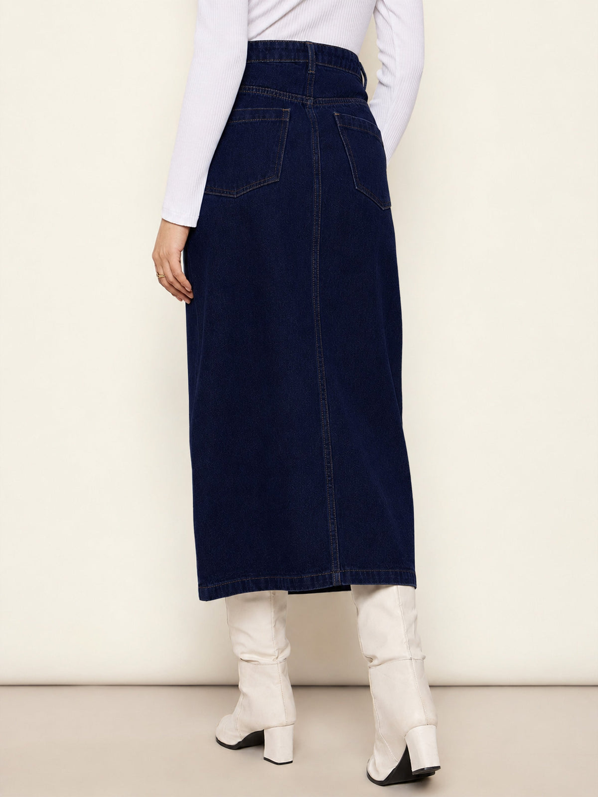 Navy Blue Denim Front Slit Midi Skirt-SASSAFRAS BASICS
