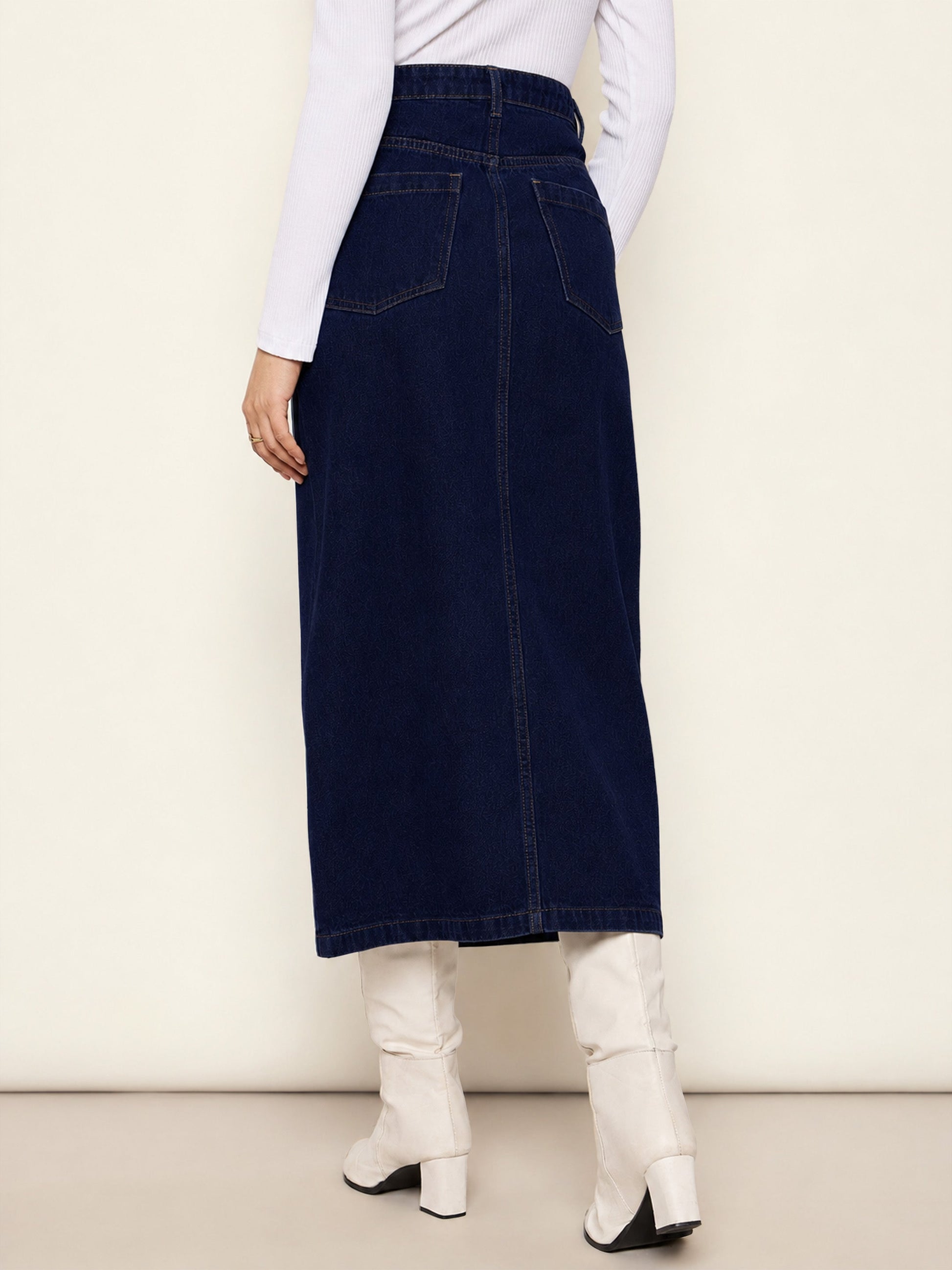 Navy Blue Denim Front Slit Midi Skirt-SASSAFRAS BASICS