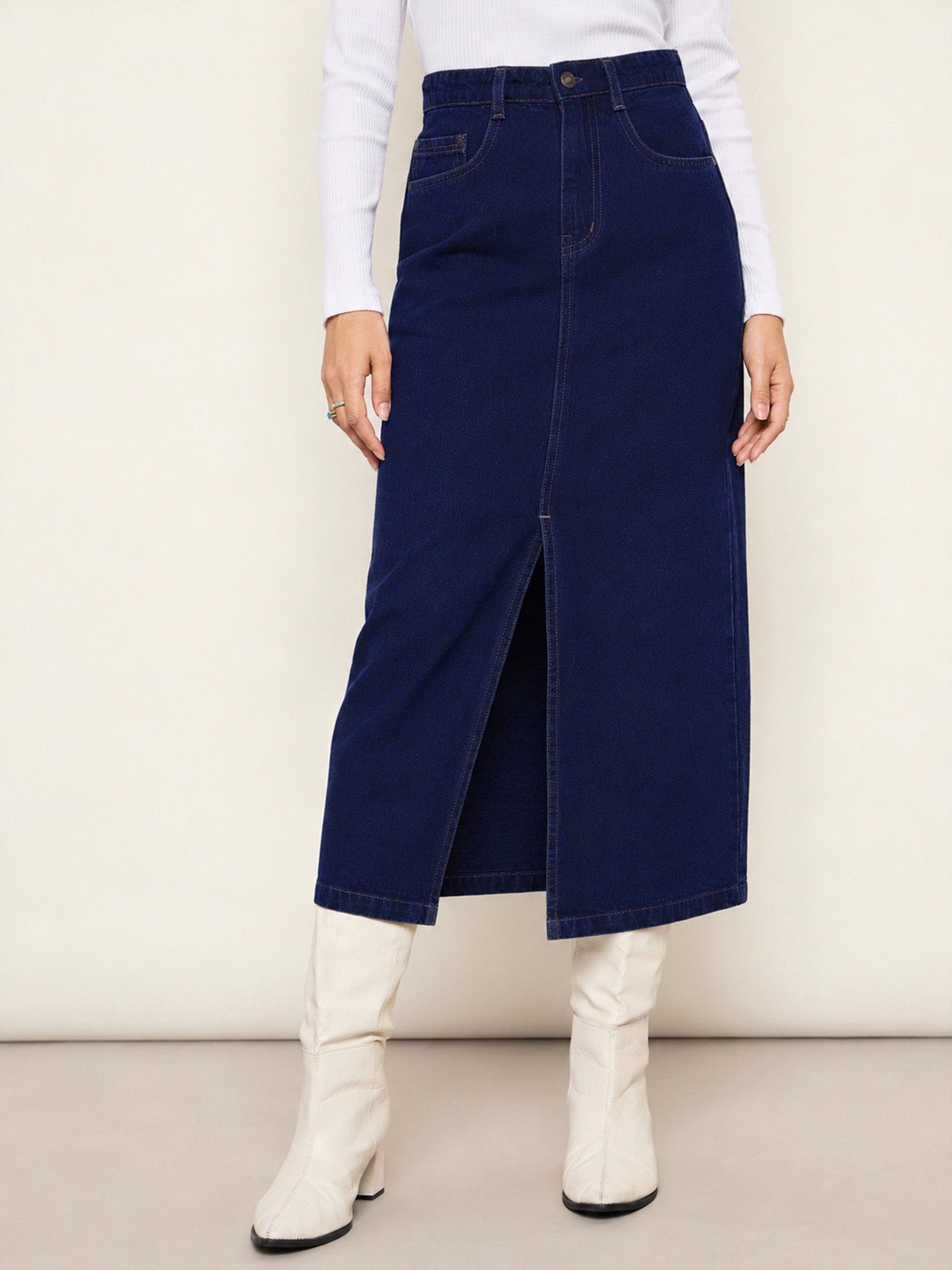 Navy Blue Denim Front Slit Midi Skirt-SASSAFRAS BASICS