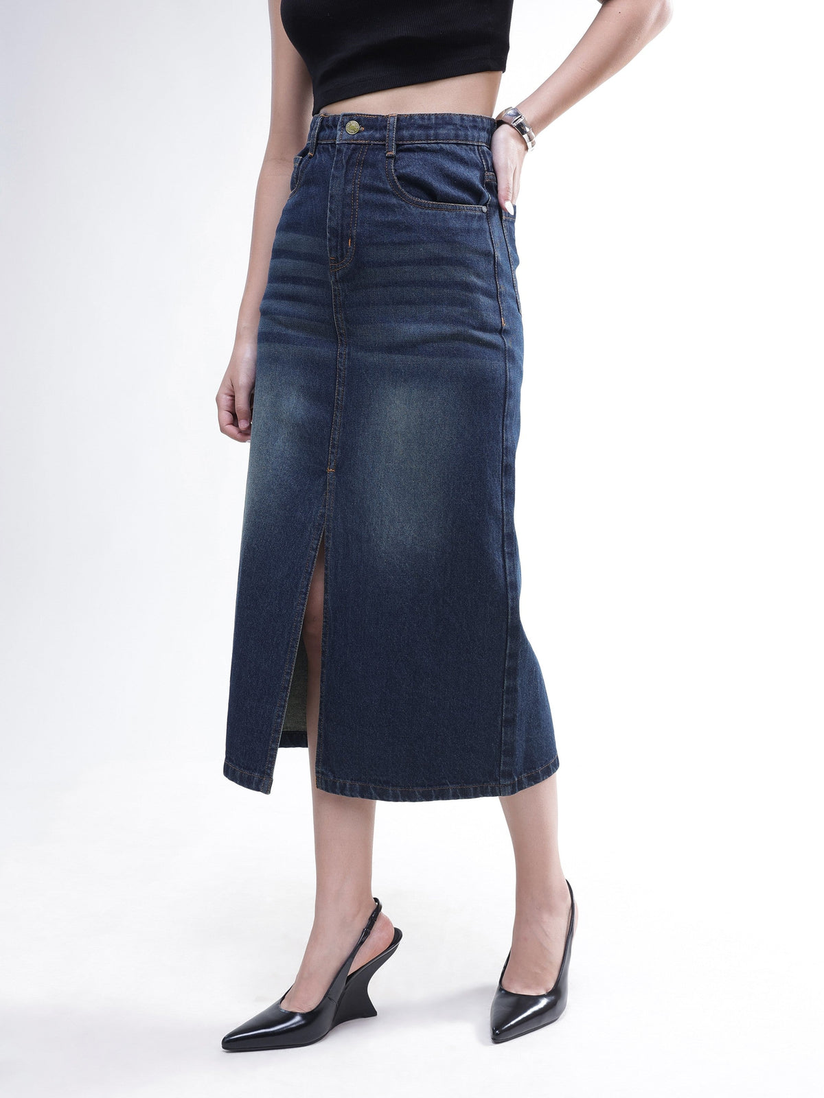 Blue Whisker Denim Front Slit Midi Skirt-SASSAFRAS BASICS