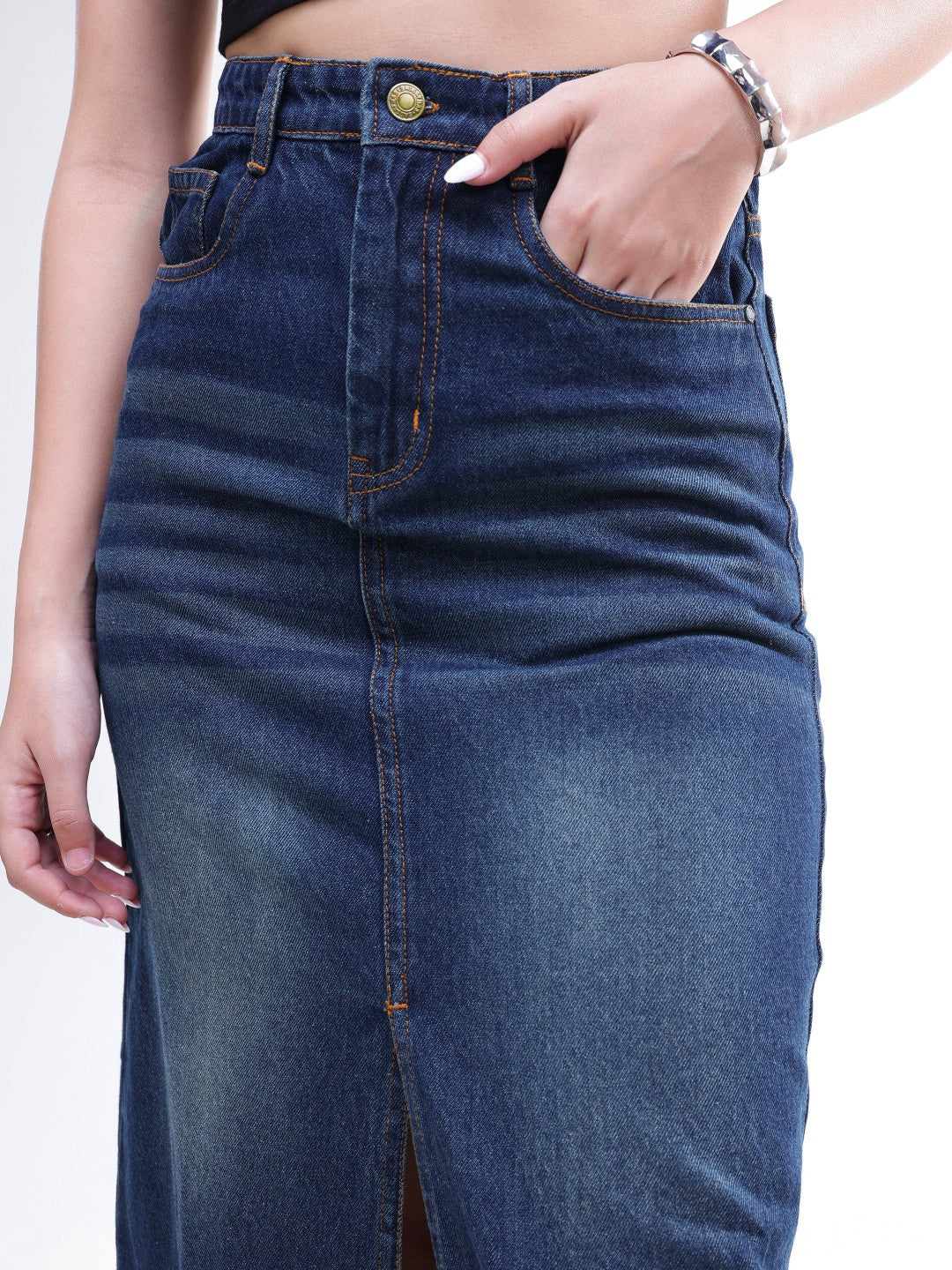 Blue Whisker Denim Front Slit Midi Skirt-SASSAFRAS BASICS
