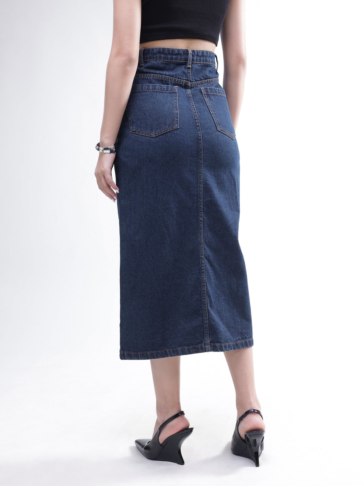 Blue Whisker Denim Front Slit Midi Skirt-SASSAFRAS BASICS