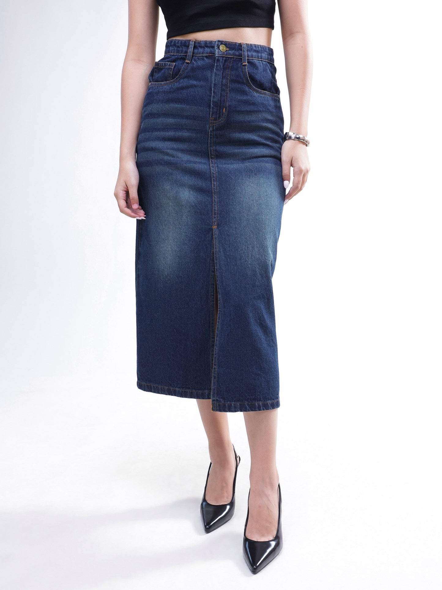 Blue Whisker Denim Front Slit Midi Skirt-SASSAFRAS BASICS