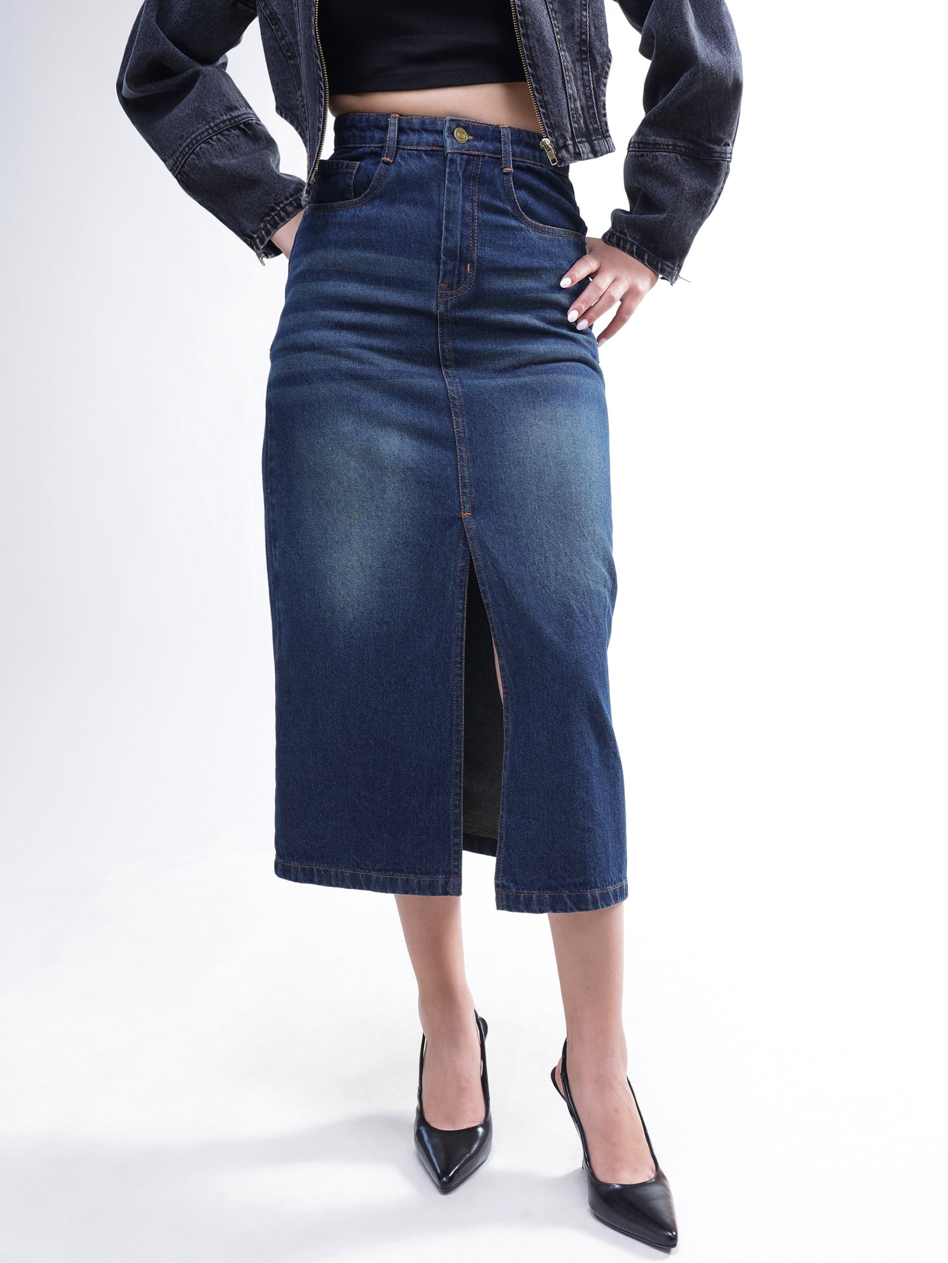 Blue Whisker Denim Front Slit Midi Skirt-SASSAFRAS BASICS