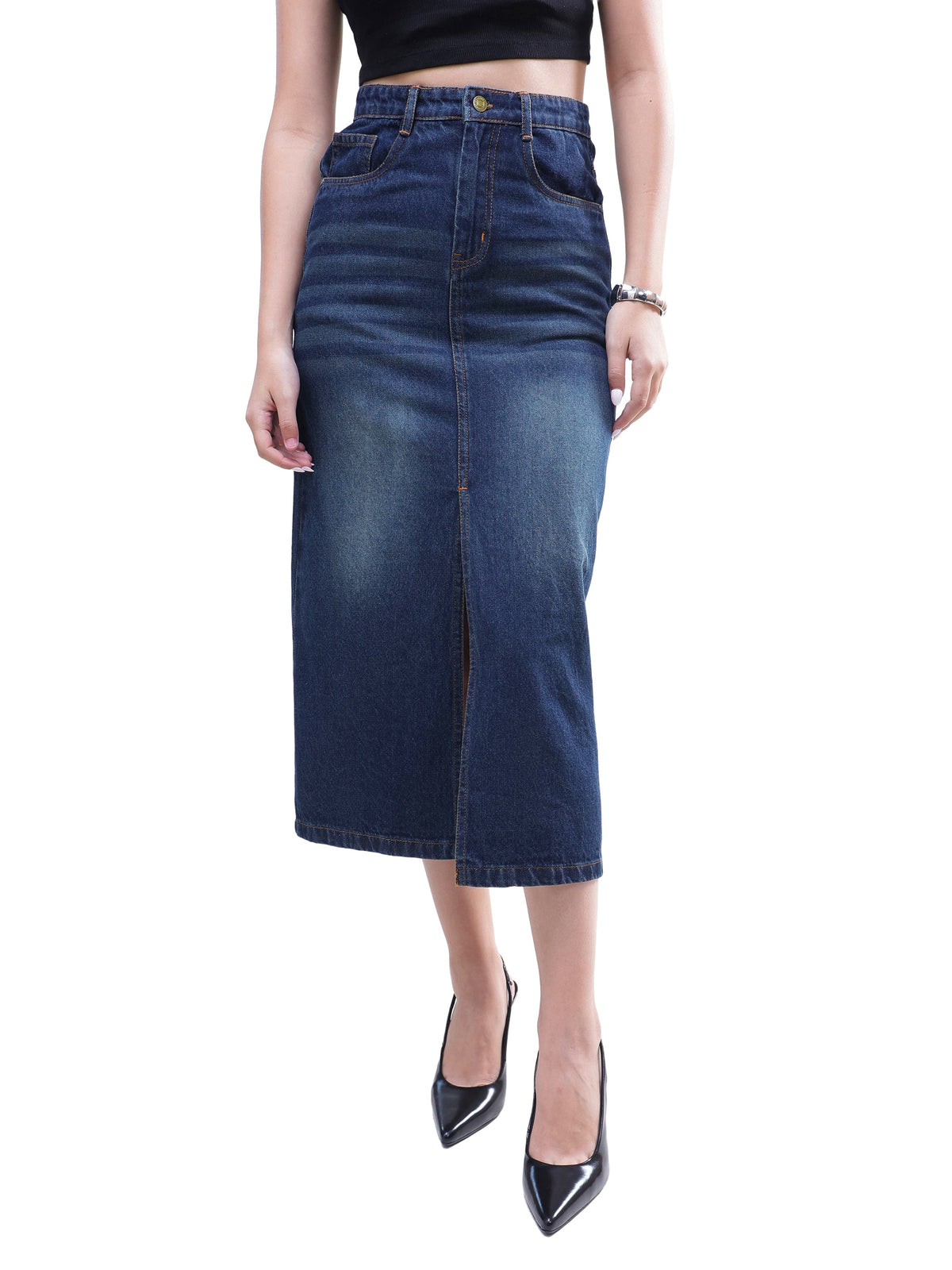 Blue Whisker Denim Front Slit Midi Skirt-SASSAFRAS BASICS