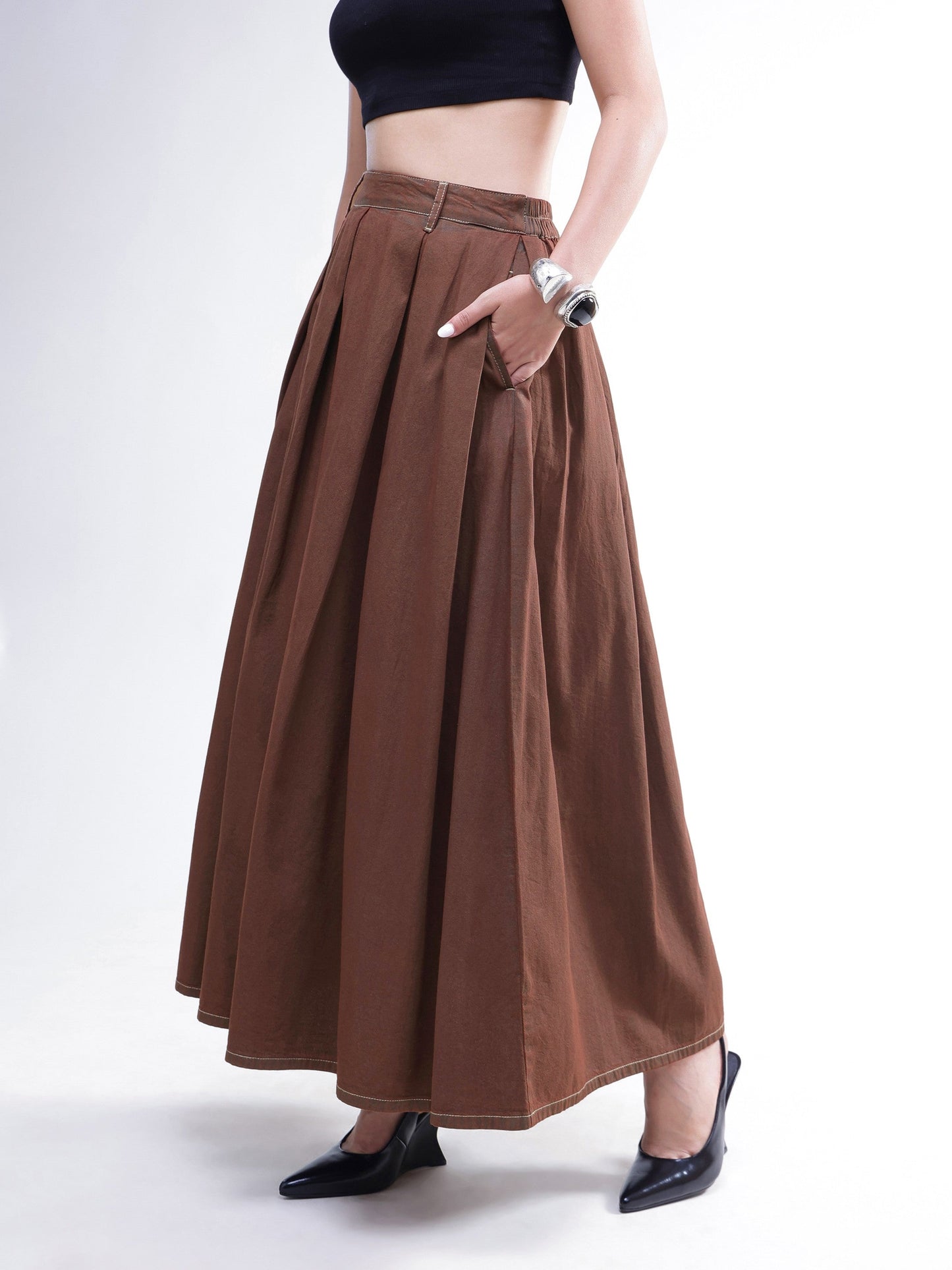 Brown Wash Denim Box Pleated Maxi Skirt-SASSAFRAS