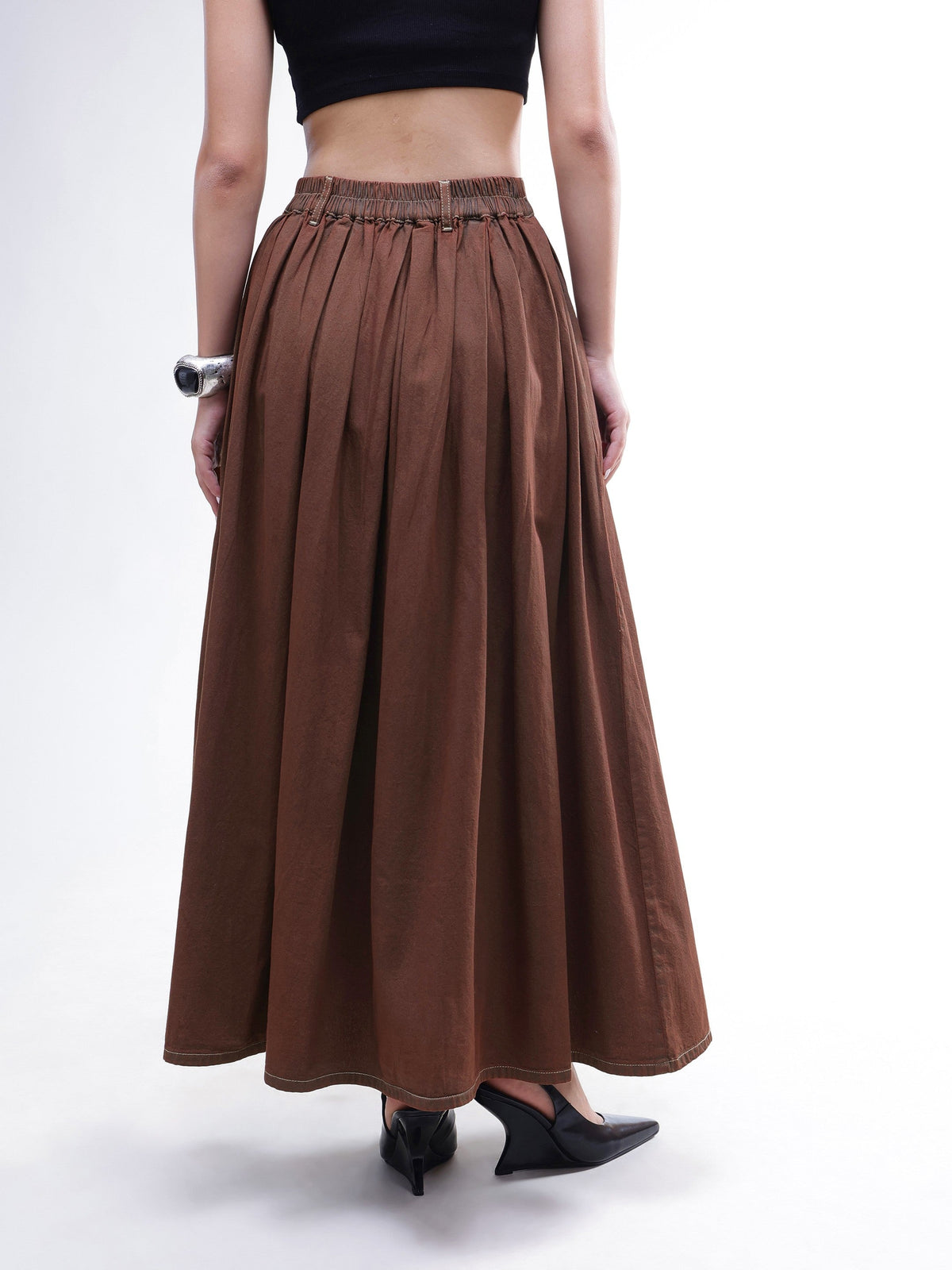 Brown Wash Denim Box Pleated Maxi Skirt-SASSAFRAS