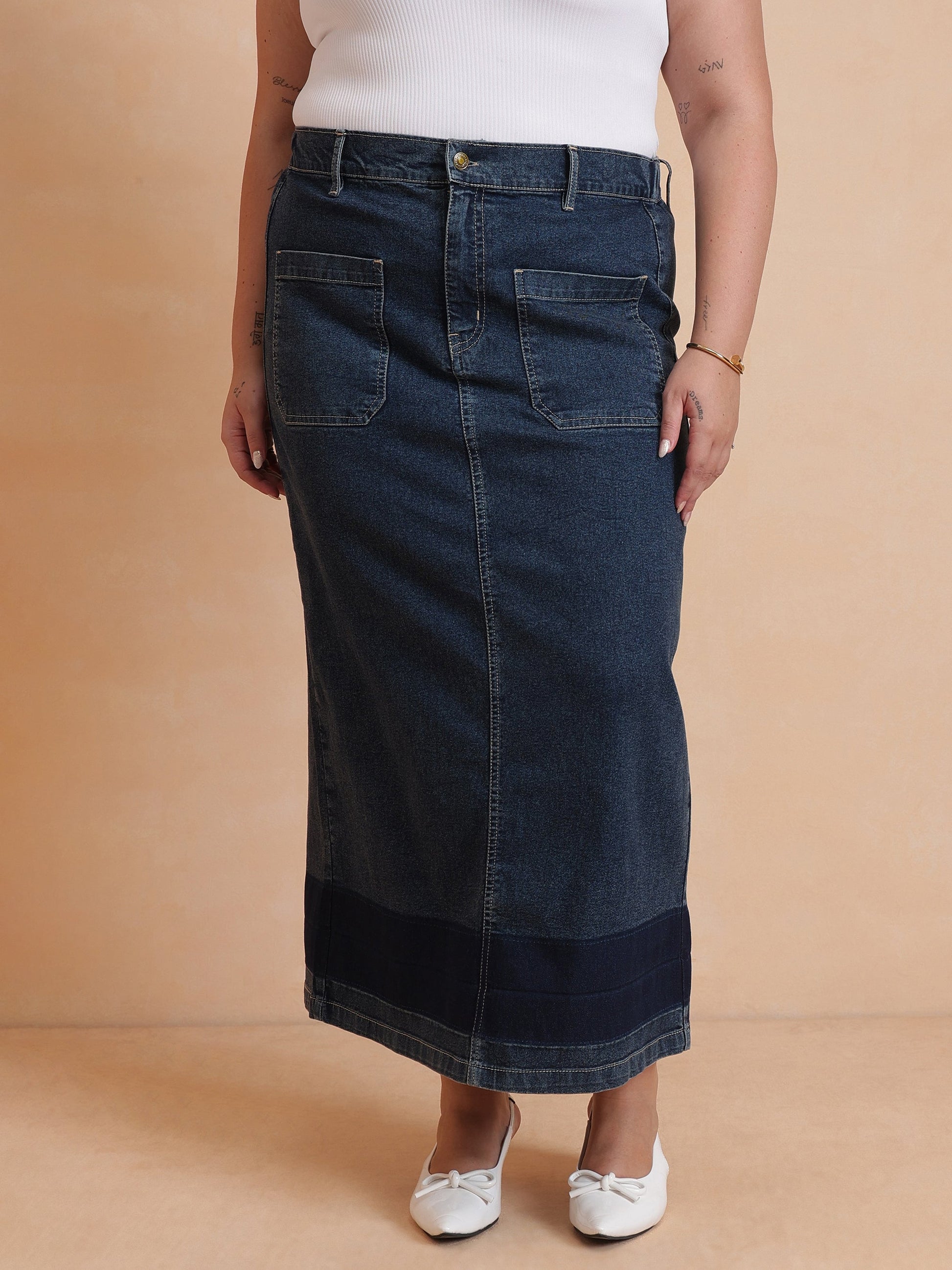 Navy Denim Wash Front Patch Pocket Maxi Skirt-SASSAFRAS Curve