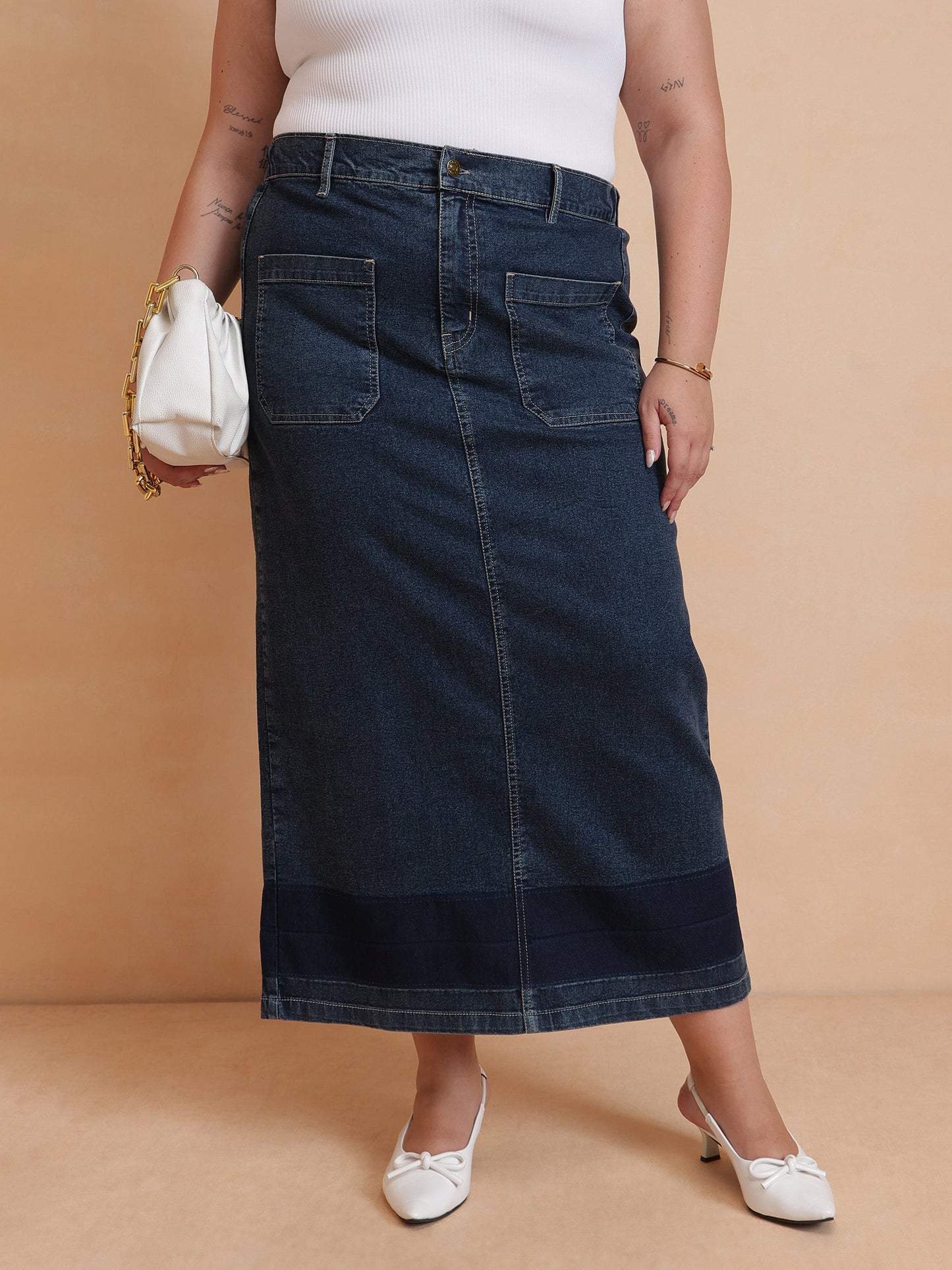 Navy Denim Wash Front Patch Pocket Maxi Skirt-SASSAFRAS Curve