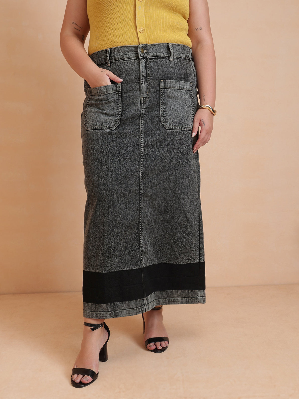 Black Denim Wash Front Patch Pocket Maxi Skirt-SASSAFRAS Curve