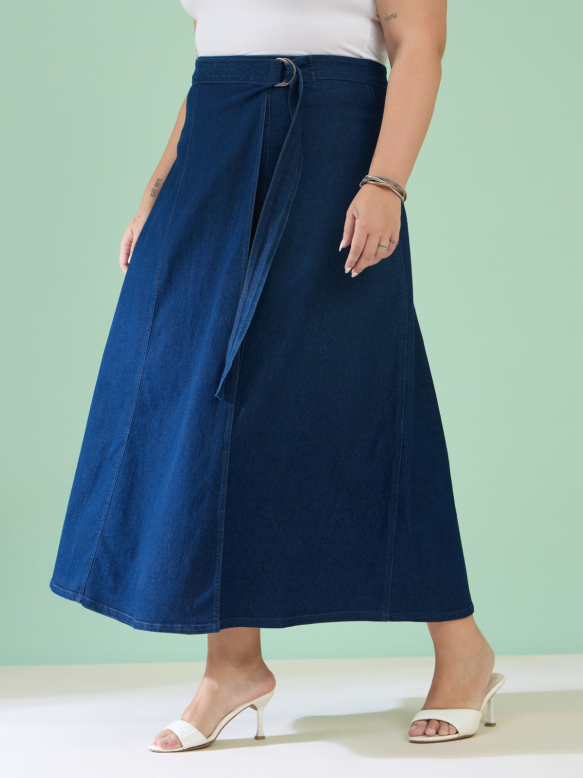 Navy Wash Side Pocket Midi Wrap Skirt-SASSAFRAS Curve