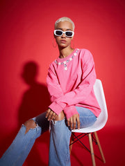 Women Pink Terry Neck Sequin Embellished Oversized Sweatshirt