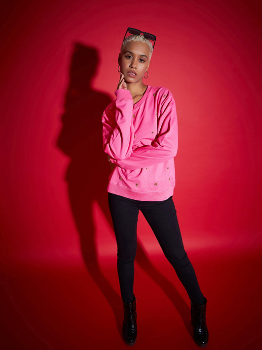 Women Pink Terry All Over Pearl Sweatshirt