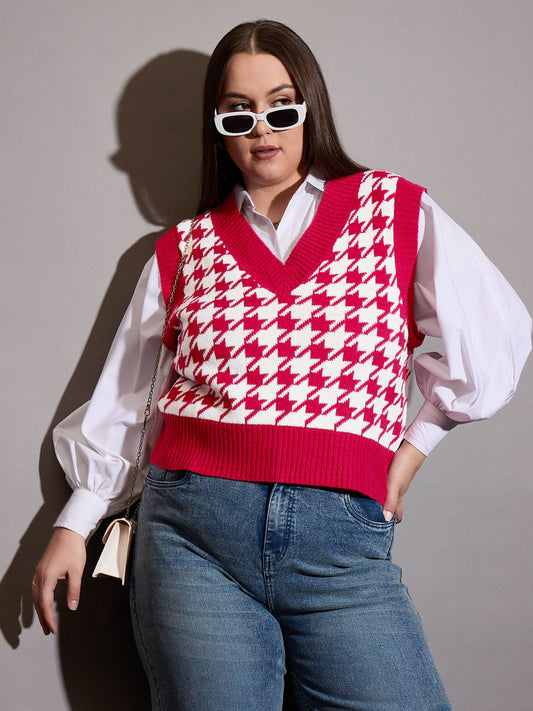 Women Red Houndstooth V-Neck Sweater Vest
