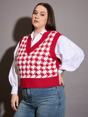 Women Red Houndstooth V-Neck Sweater Vest