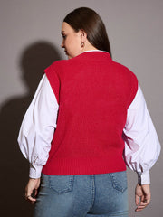Women Red Houndstooth V-Neck Sweater Vest