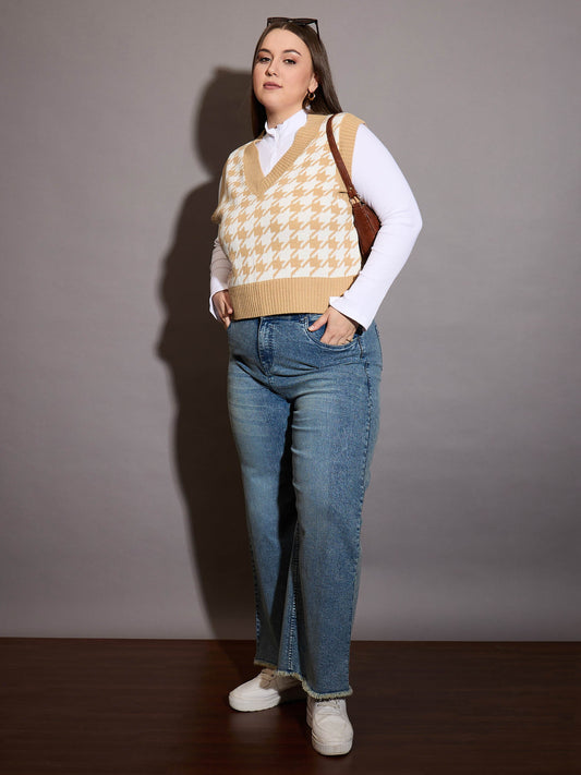 Women Brown Houndstooth V-Neck Sweater Vest