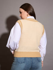Women Beige Floral V-Neck Sweater Vest
