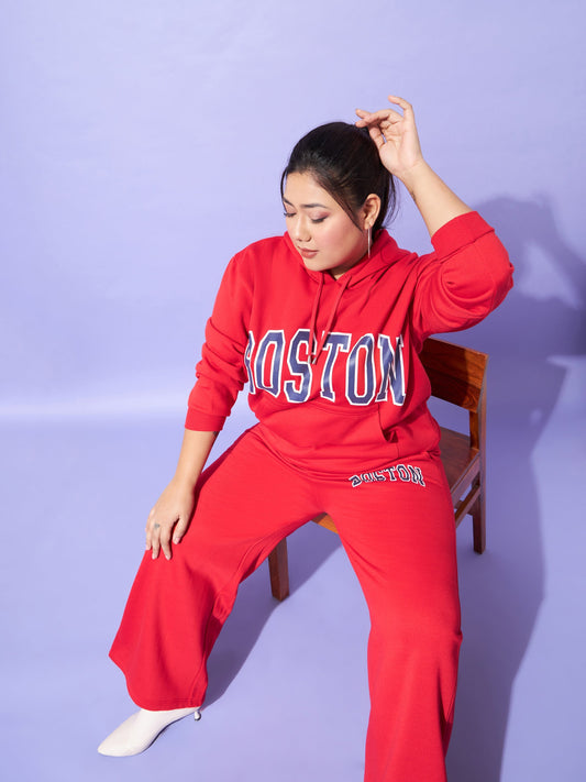 Women Red Fleece BOSTON Hoodie