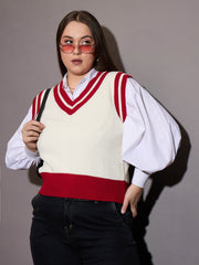 Women Curve Black & White Striped V-Neck Sweater Vest