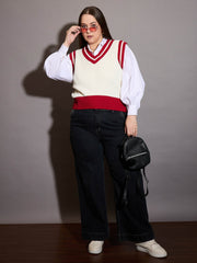 Women Curve Black & White Striped V-Neck Sweater Vest
