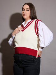 Women Curve Black & White Striped V-Neck Sweater Vest