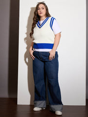 Women Curve Black & White Striped V-Neck Sweater Vest