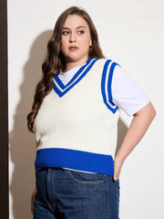 Women Curve Black & White Striped V-Neck Sweater Vest