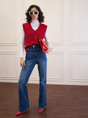 women red solid v neck sweater vest sfswsh7611