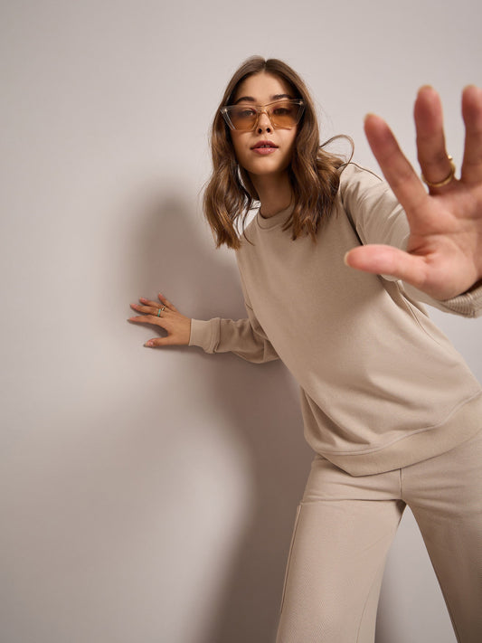 Women Taupe Terry Oversized Sweatshirt