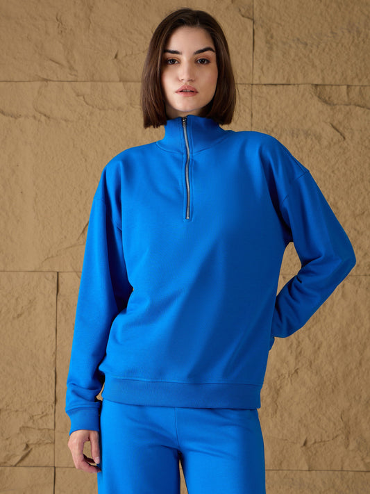 Women Royal Blue High-Neck Sweatshirt