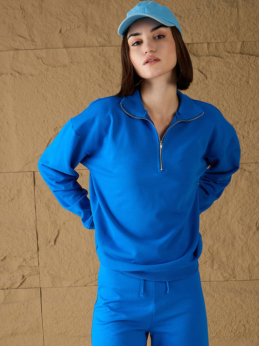 Women Royal Blue High-Neck Sweatshirt