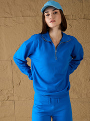 Women Royal Blue High-Neck Sweatshirt