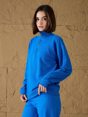 Women Royal Blue High-Neck Sweatshirt