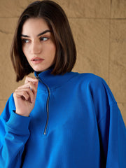 Women Royal Blue High-Neck Sweatshirt