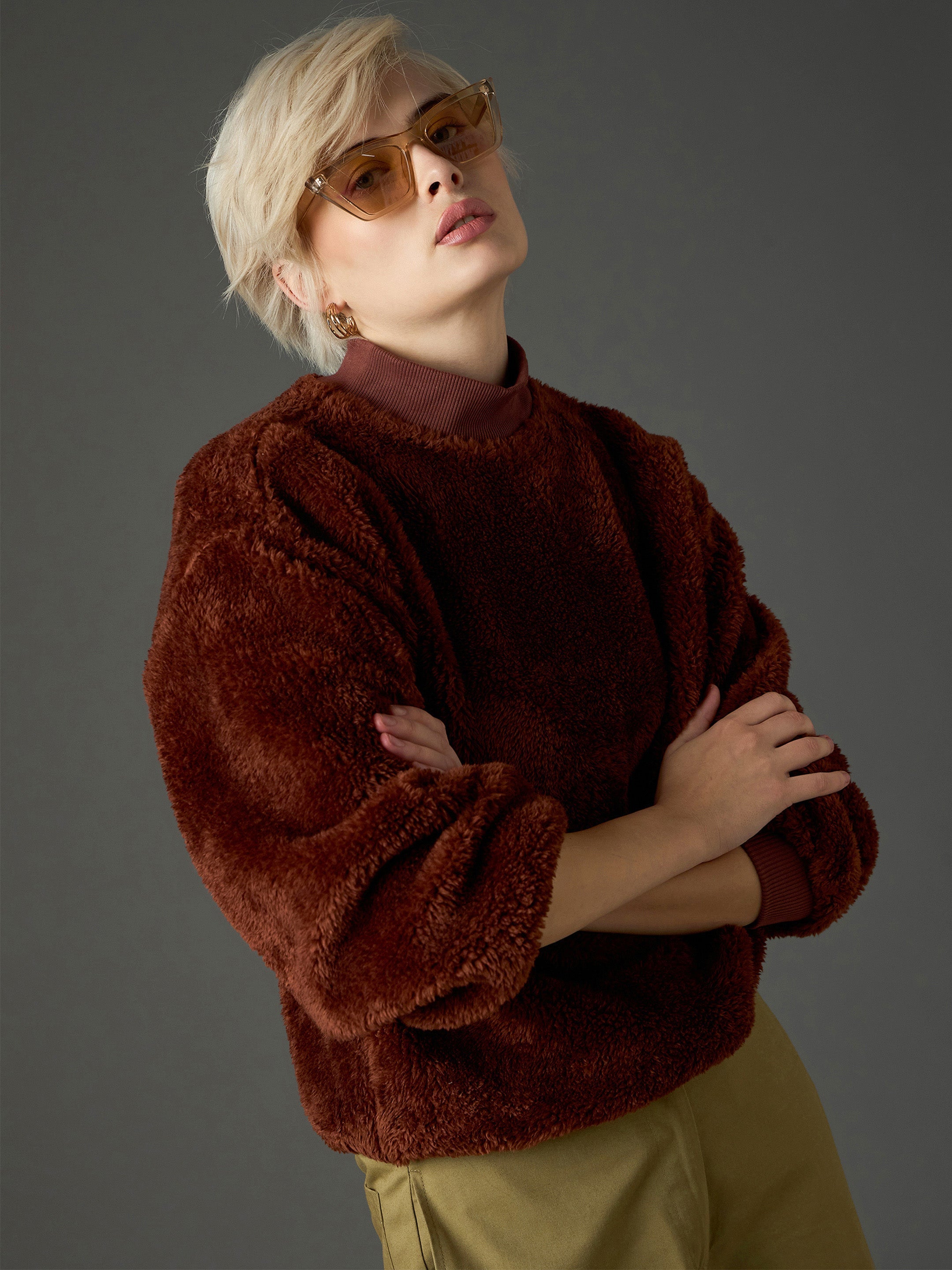 Brown Balloon Sleeve Faux Fur Sweatshirt SASSAFRAS