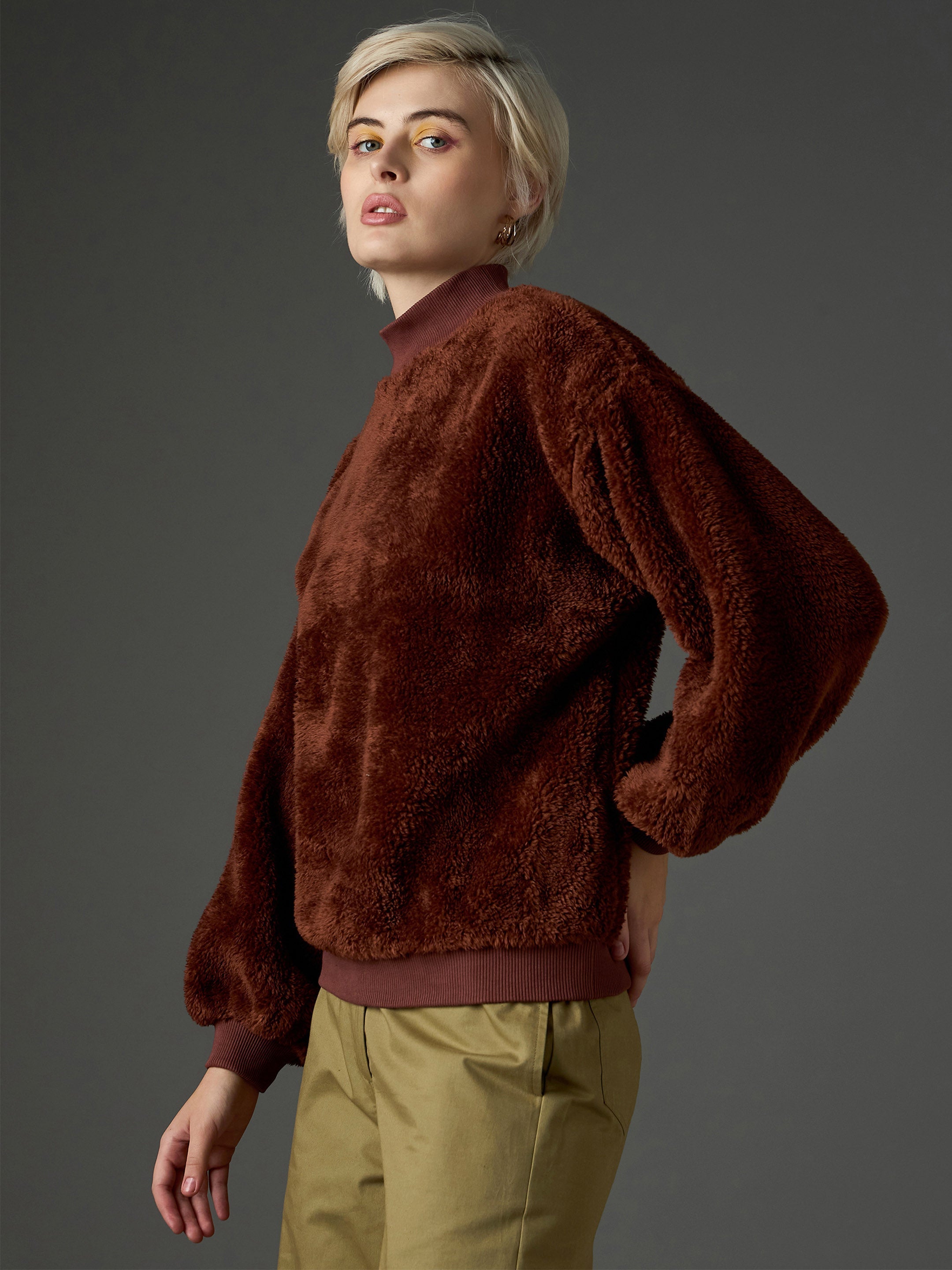 Brown Balloon Sleeve Faux Fur Sweatshirt SASSAFRAS