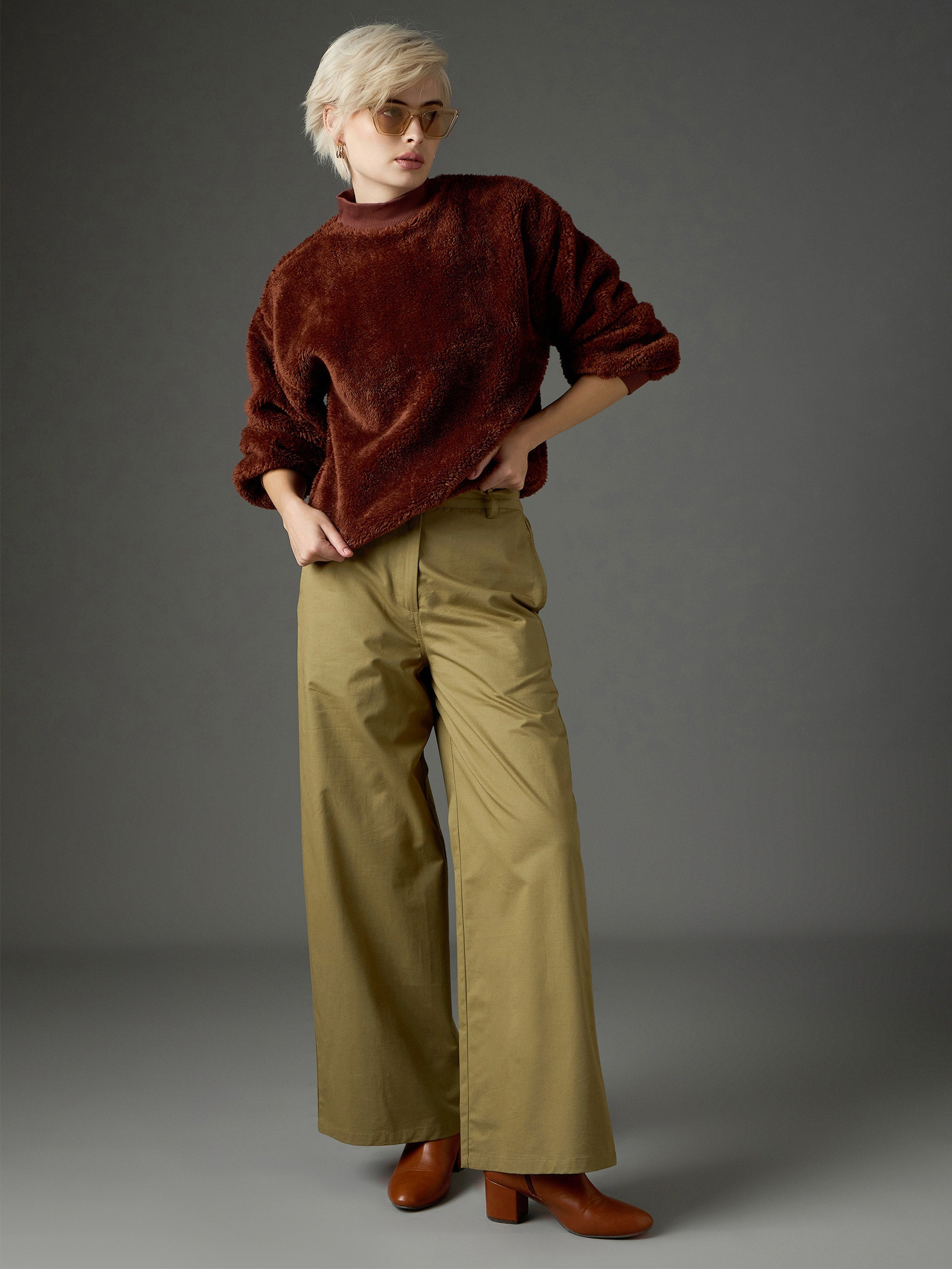 Brown Balloon Sleeve Faux Fur Sweatshirt SASSAFRAS