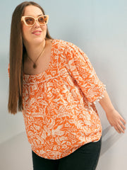 Women Orange & White Floral Square Neck Top