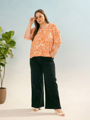 Women Orange & White Floral Square Neck Top