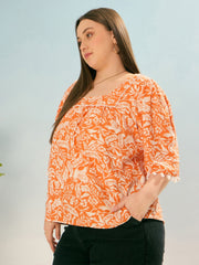 Women Orange & White Floral Square Neck Top